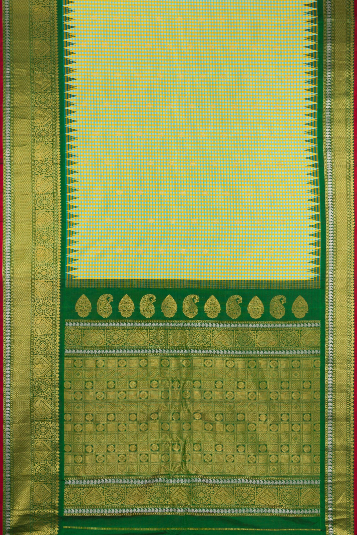 Flat view of Pista Green Gadwal Silk Saree with Checked design on the body and Zari Border. 