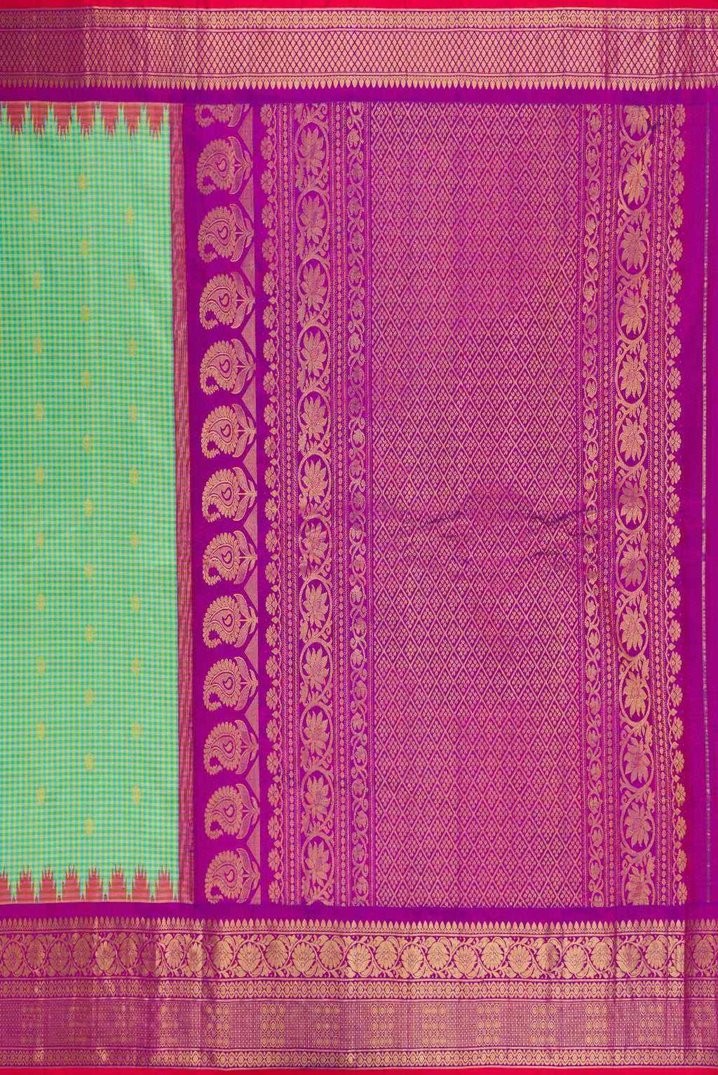 Close up image of the pallu of Sea Green Gadwal Silk Saree with Checked design on the body and Zari Border. 