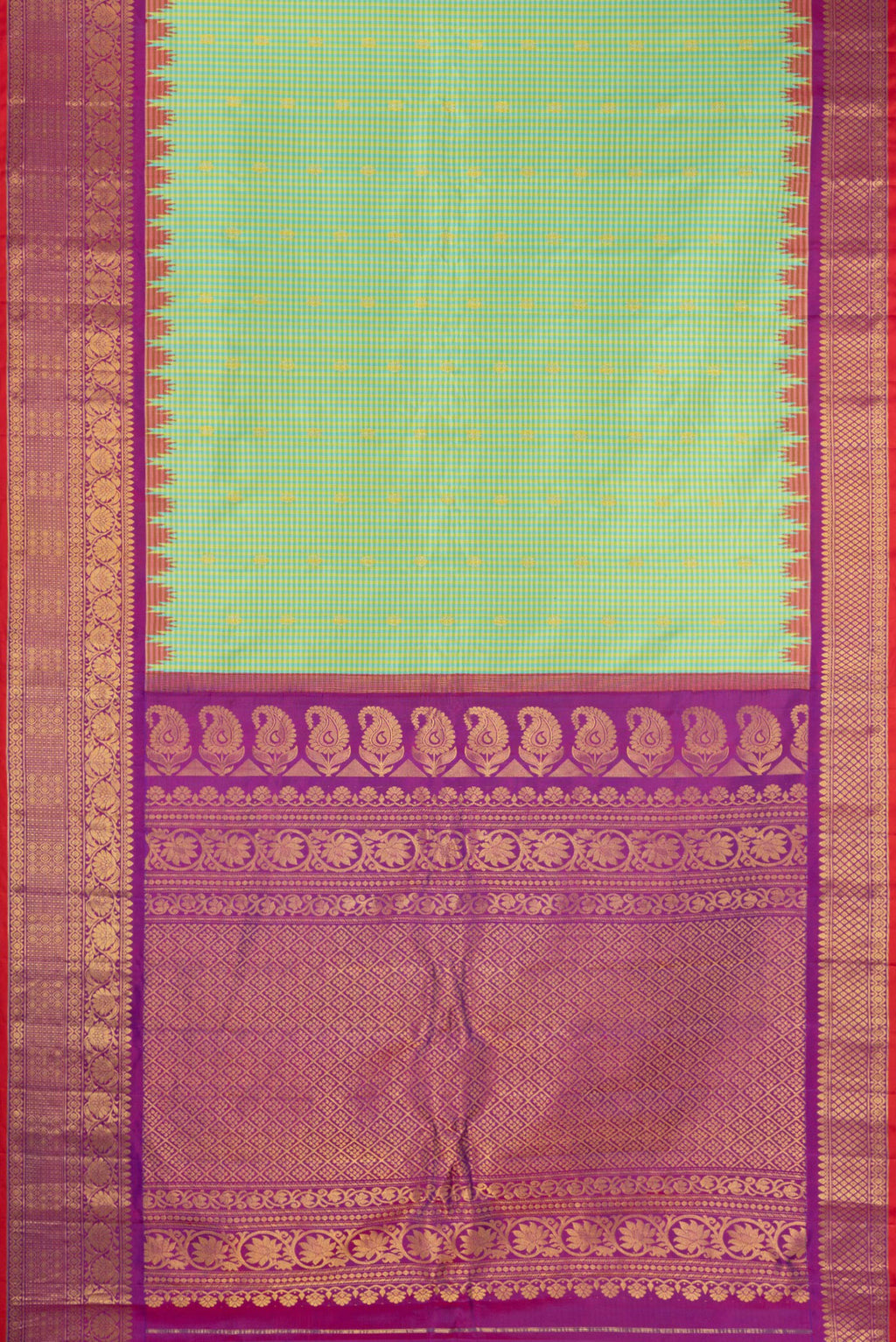 Flat view of Sea Green Gadwal Silk Saree with Checked design on the body and Zari Border. 