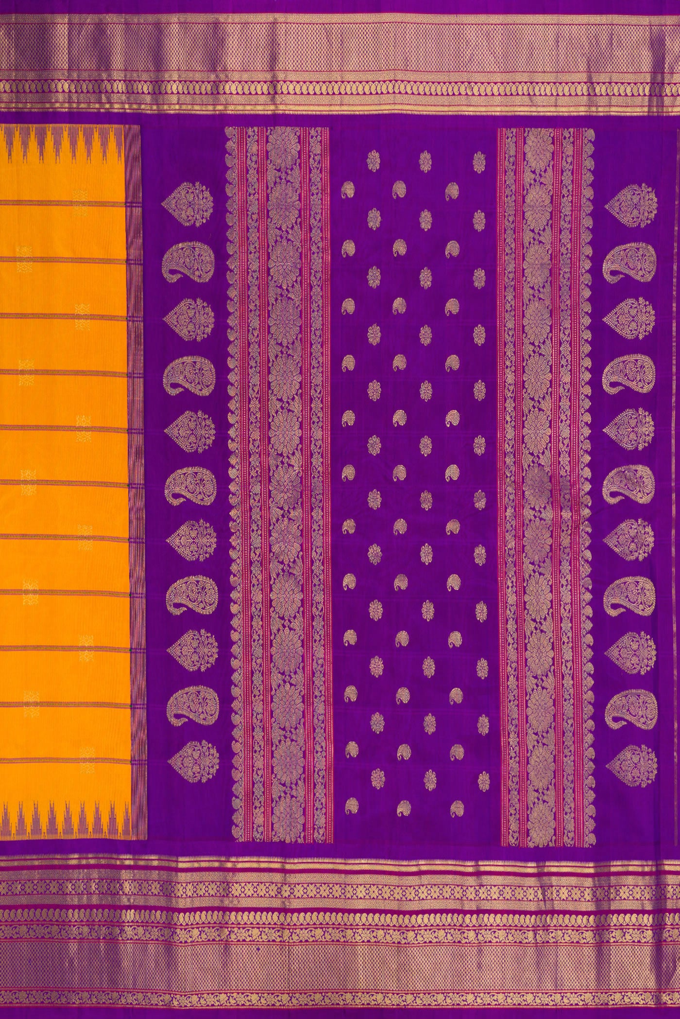 Close up image of the pallu of Yellow Gadwal Silk Saree with Stripes on the body and Zari Border. 
