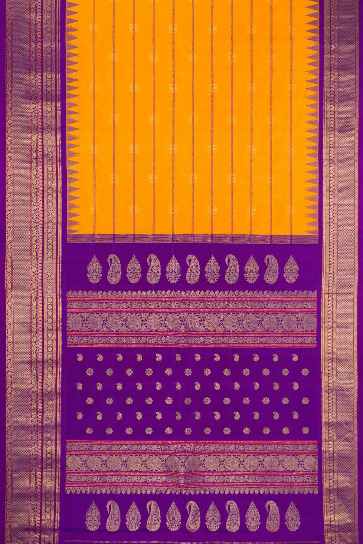 Flat view of Yellow Gadwal Silk Saree with Stripes on the body and Zari Border. 