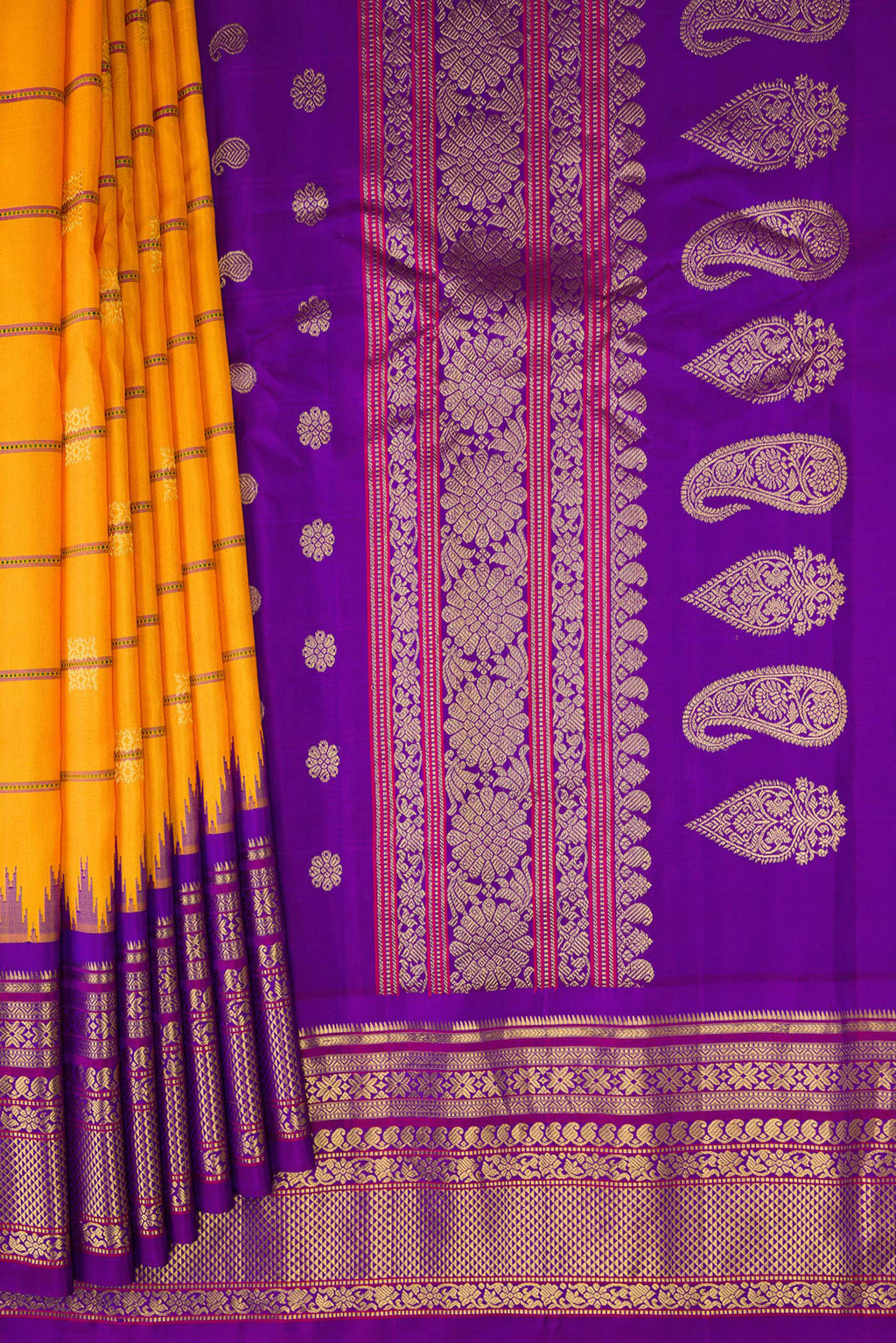 Pleats and pallu of Yellow Gadwal Silk Saree with Stripes on the body and Zari Border. 