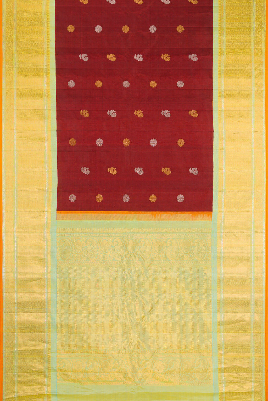 Flat view of Maroon Gadwal Silk Saree with Zari Butta on the body and Zari Border. 
