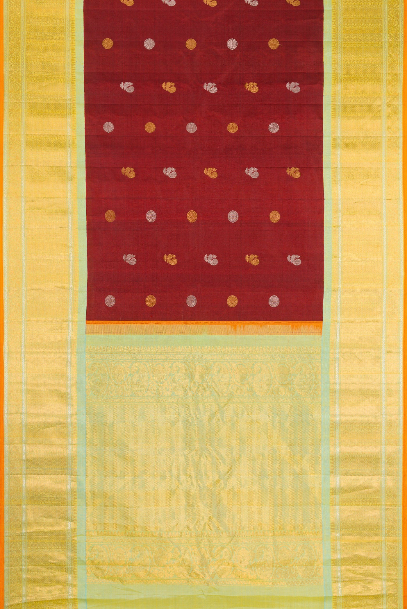 Flat view of Maroon Gadwal Silk Saree with Zari Butta on the body and Zari Border. 