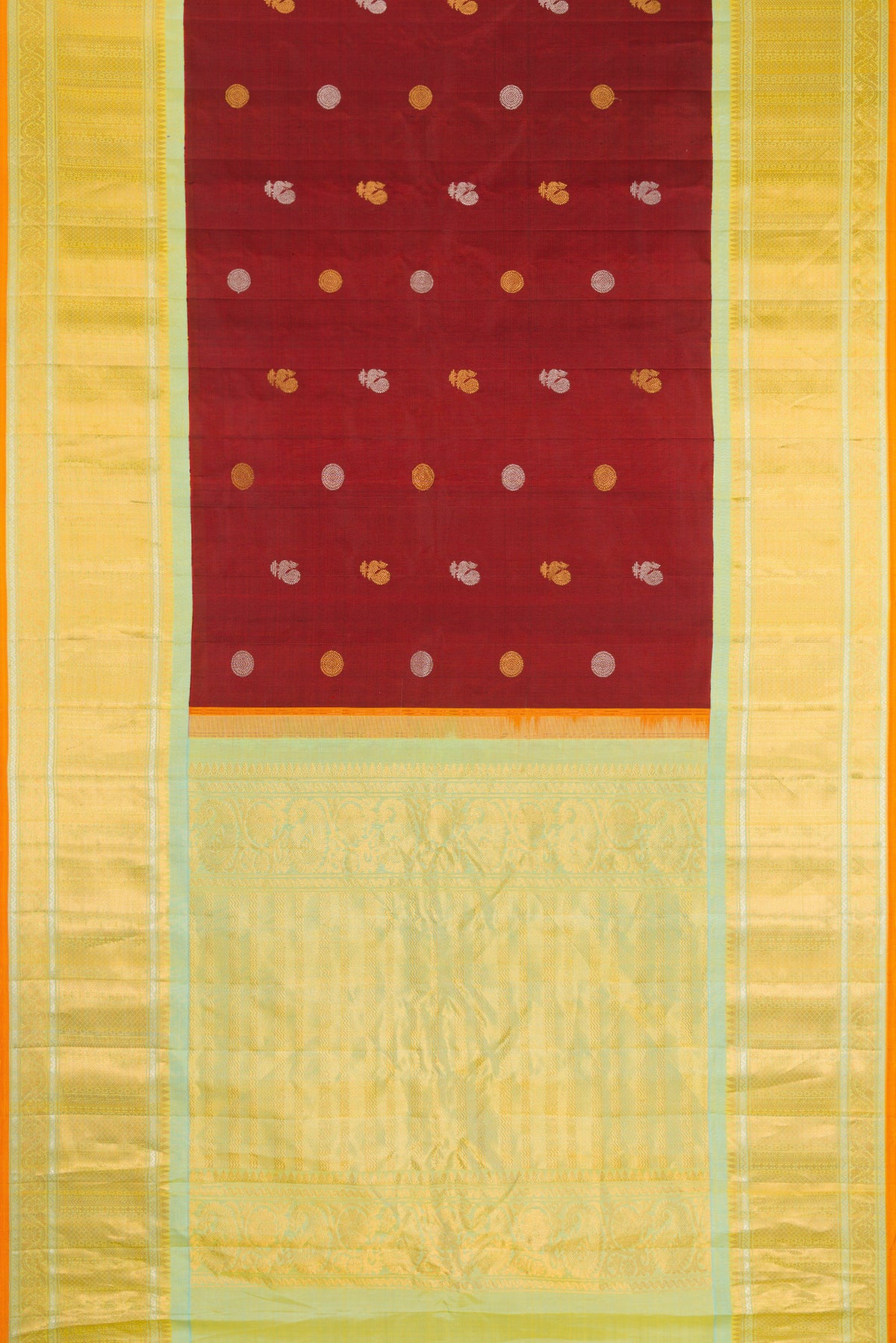 Flat view of Maroon Gadwal Silk Saree with Zari Butta on the body and Zari Border. 
