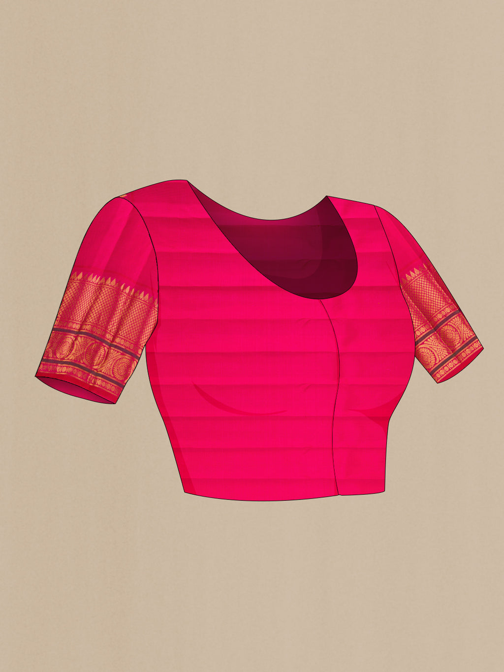Close up image of the blouse of Mustard Gadwal Silk Saree with Zari Butta on the body and Temple Border. 
