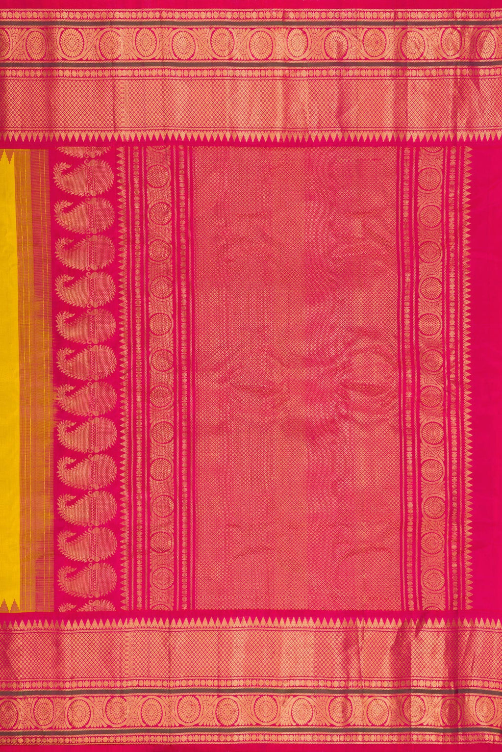 Close up image of the pallu of Mustard Gadwal Silk Saree with Zari Butta on the body and Temple Border. 