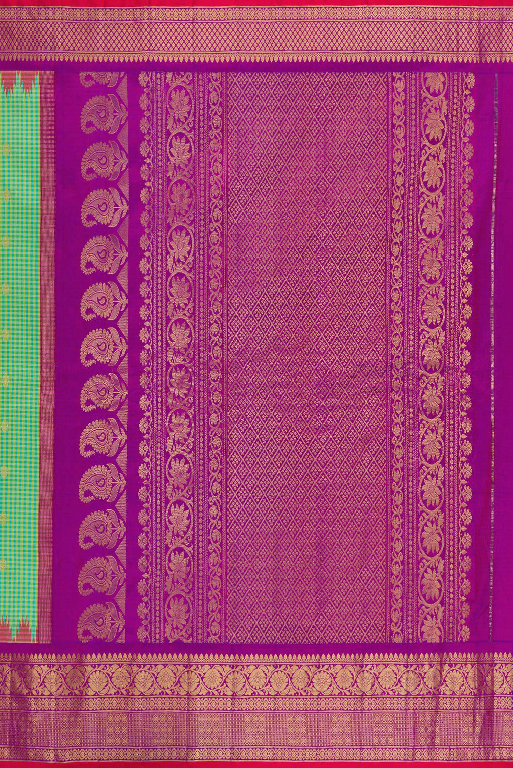 Close up image of the pallu of Sea Green Gadwal Silk Saree with Checked design on the body and Zari Border. 