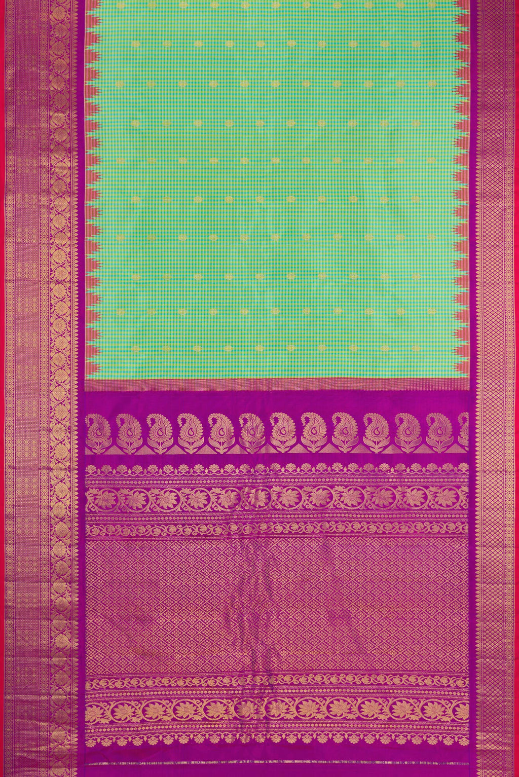 Flat view of Sea Green Gadwal Silk Saree with Checked design on the body and Zari Border. 