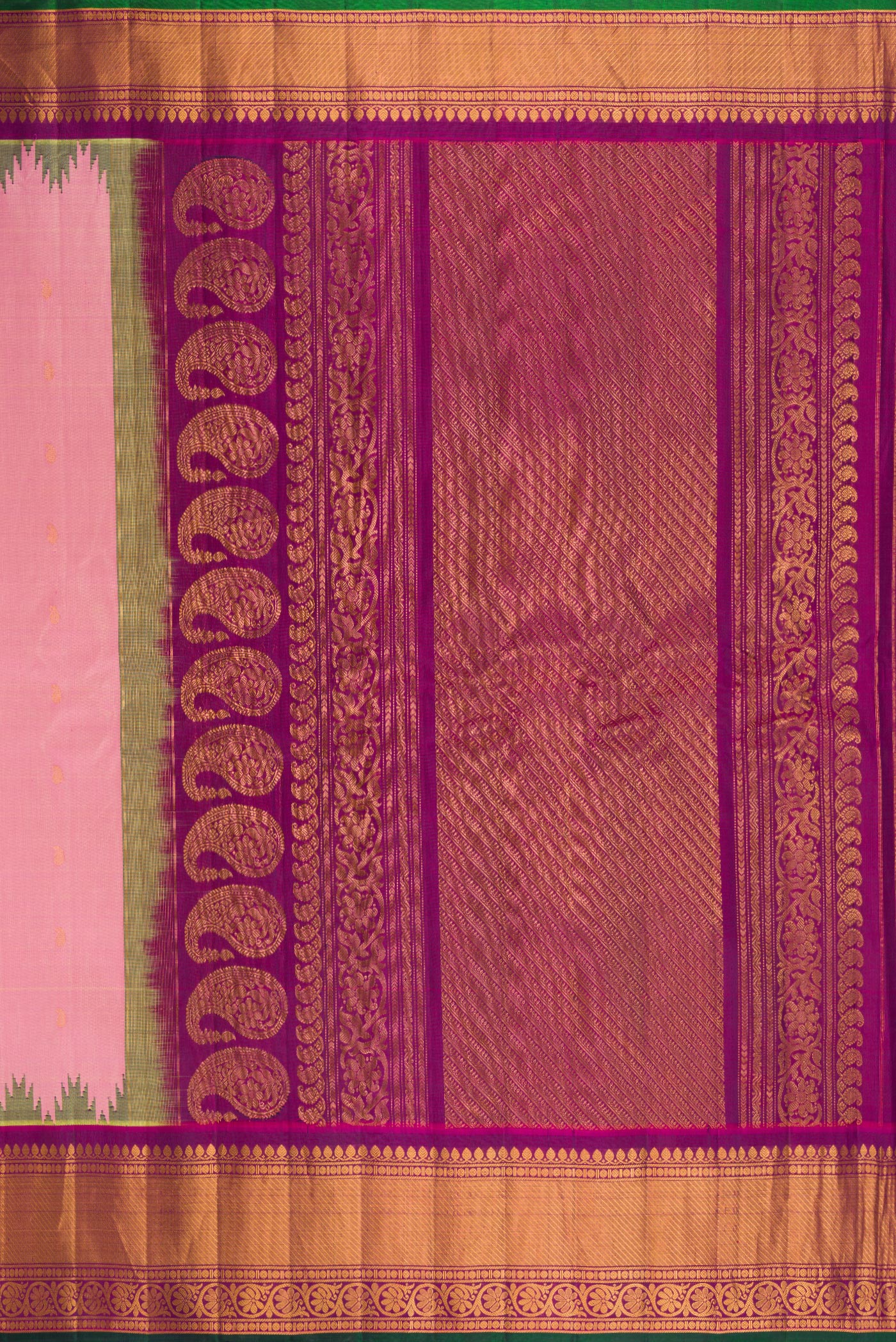 Close up image of the pallu of Rose pink Gadwal Silk Saree with Zari Butta on the body and Zari Border. 