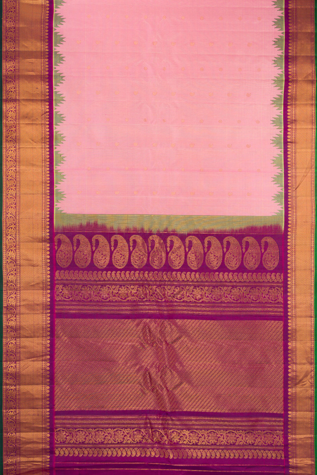 Flat view of Rose pink Gadwal Silk Saree with Zari Butta on the body and Zari Border. 