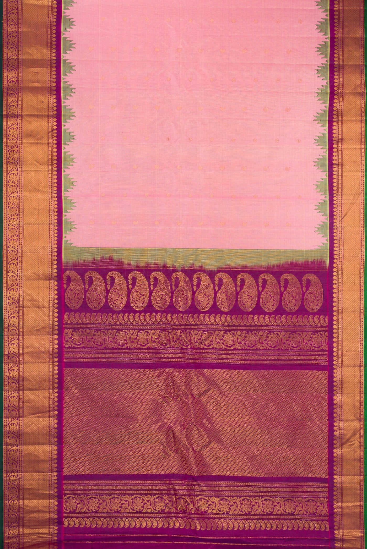 Flat view of Rose pink Gadwal Silk Saree with Zari Butta on the body and Zari Border. 