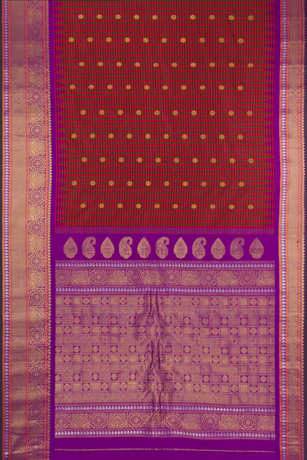 Flat view of Multi Color Gadwal Silk Saree with Checked design on the body and Zari Border. 