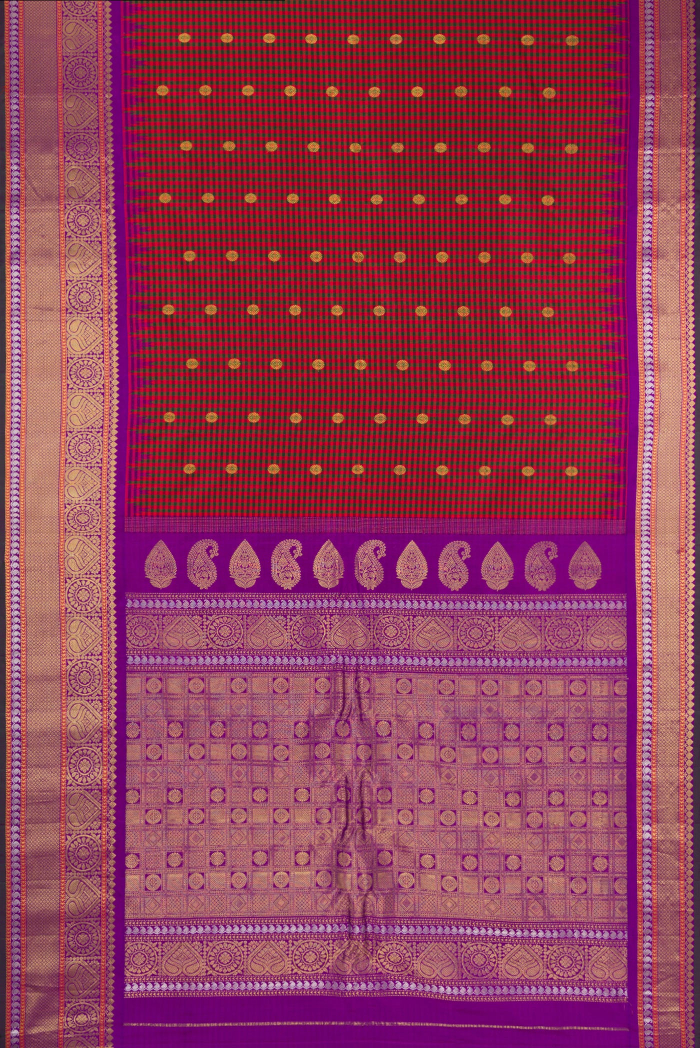 Flat view of Multi Color Gadwal Silk Saree with Checked design on the body and Zari Border. 