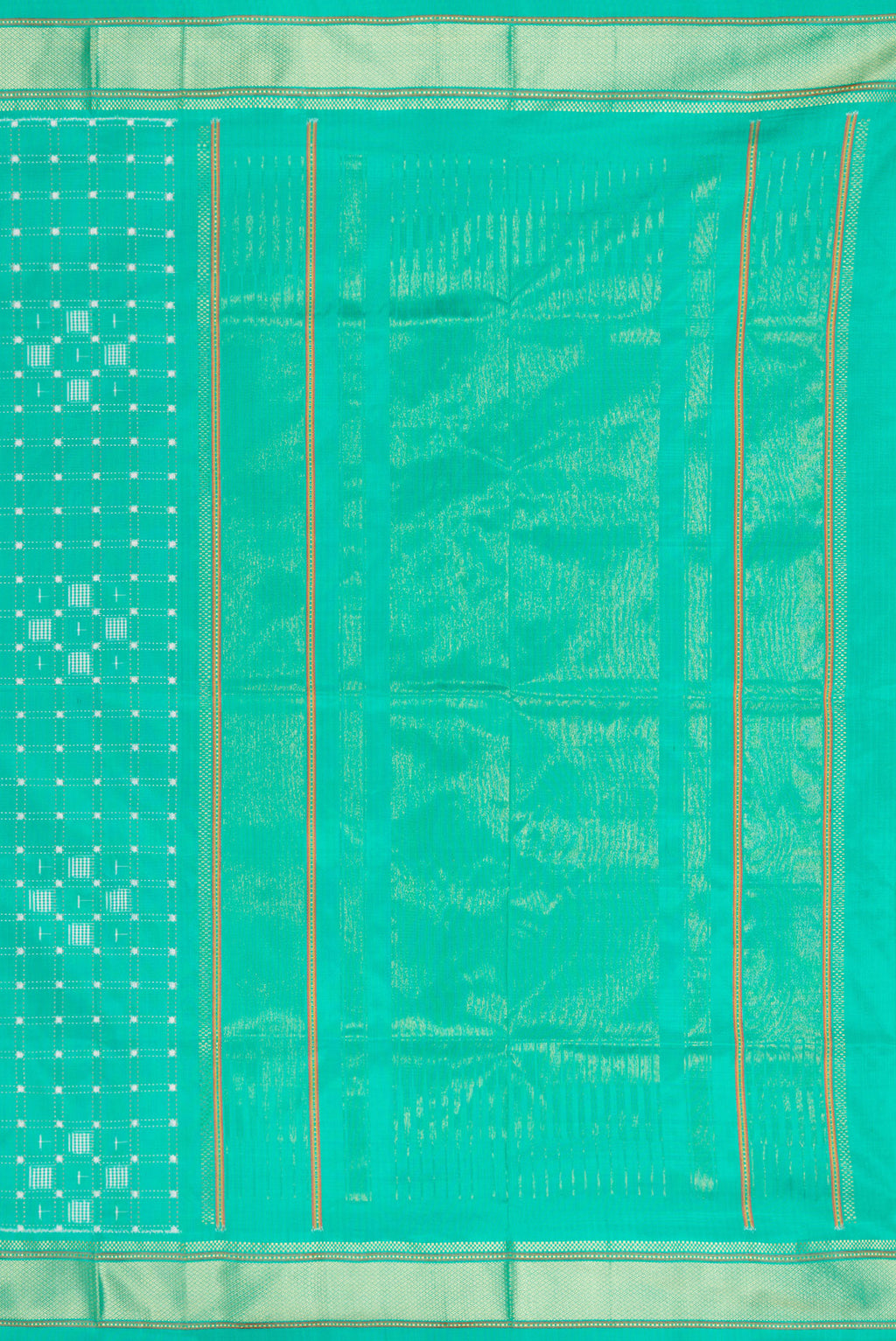 Close up image of the pallu of Sea Green Double Ikat Saree with Pure Ikat on the body and Zari Border. 