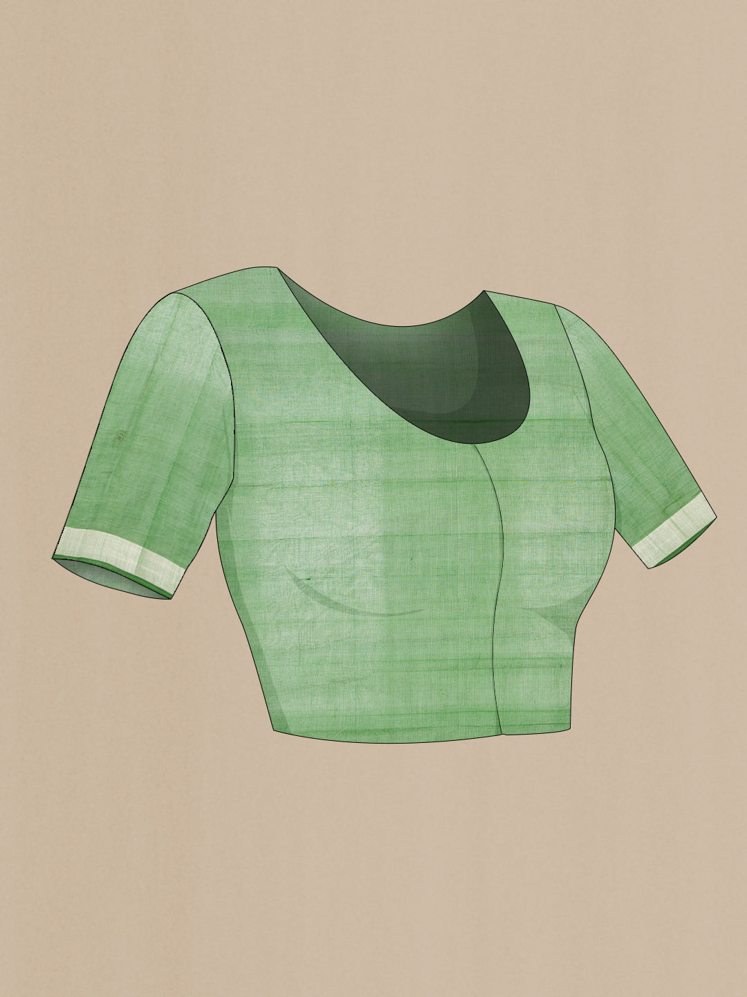 Close up image of the blouse of Green Uppada Cotton Saree with Plain Body and Zari Border. 