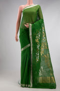 Green Uppada Cotton Saree with Plain Body and Zari Border.  displayed on a mannequin