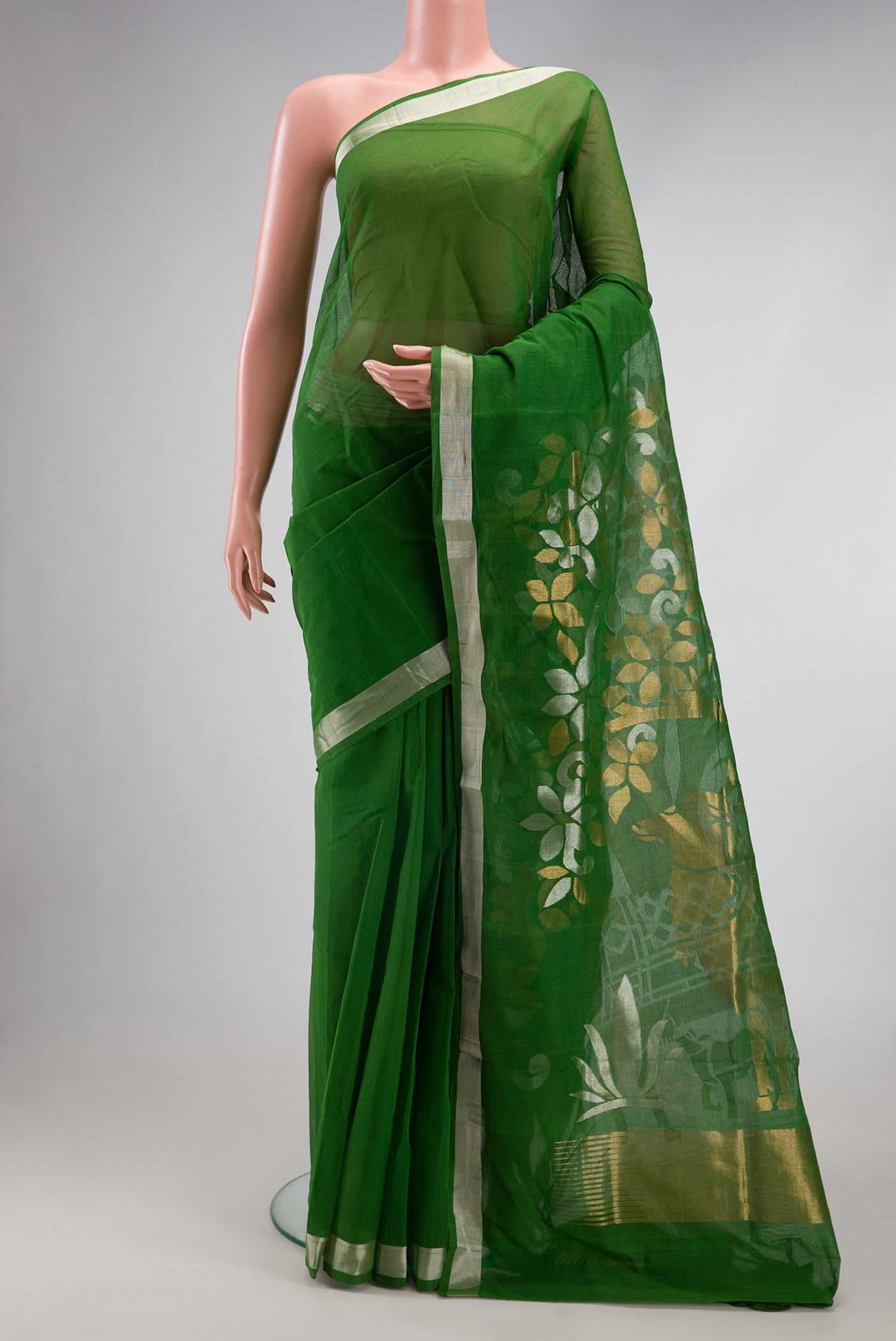 Green Uppada Cotton Saree with Plain Body and Zari Border.  displayed on a mannequin
