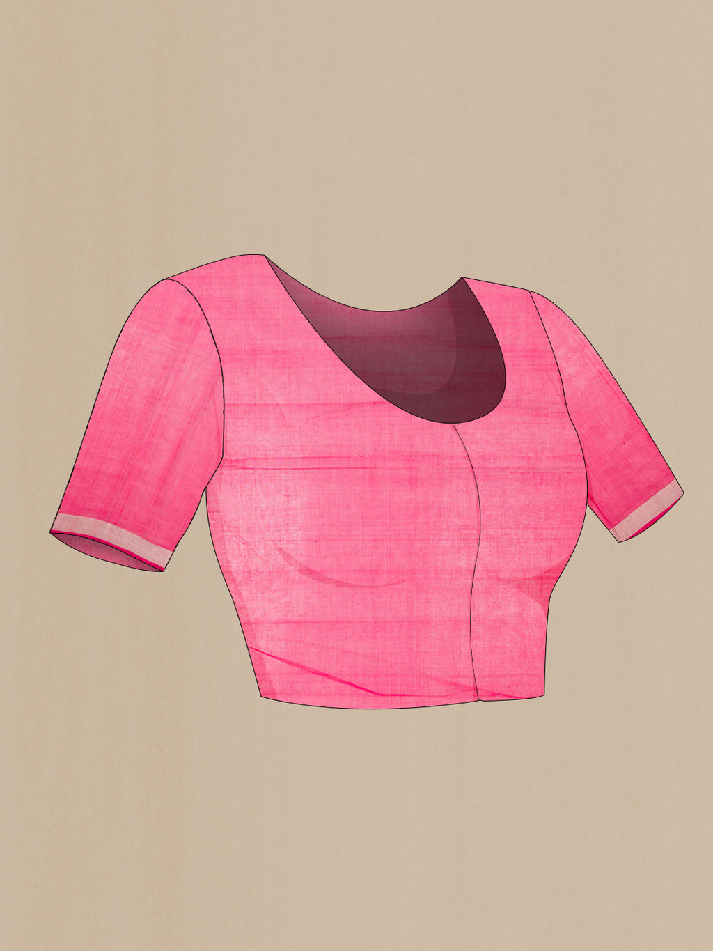 Close up image of the blouse of Pink Uppada Cotton Saree with Plain Body and Zari Border. 