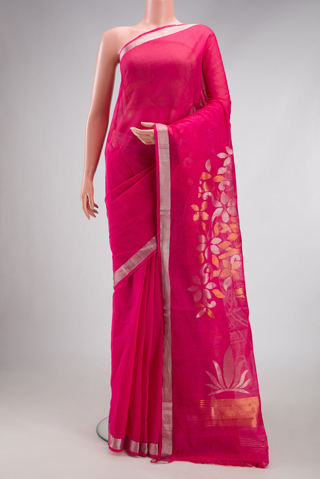 Pink Uppada Cotton Saree with Plain Body and Zari Border.  displayed on a mannequin
