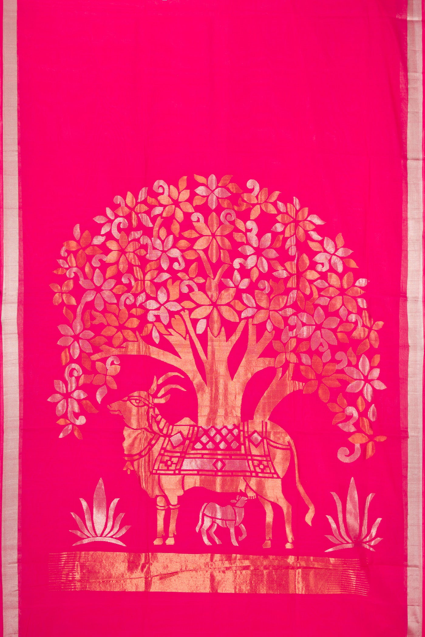 Flat view of Pink Uppada Cotton Saree with Plain Body and Zari Border. 