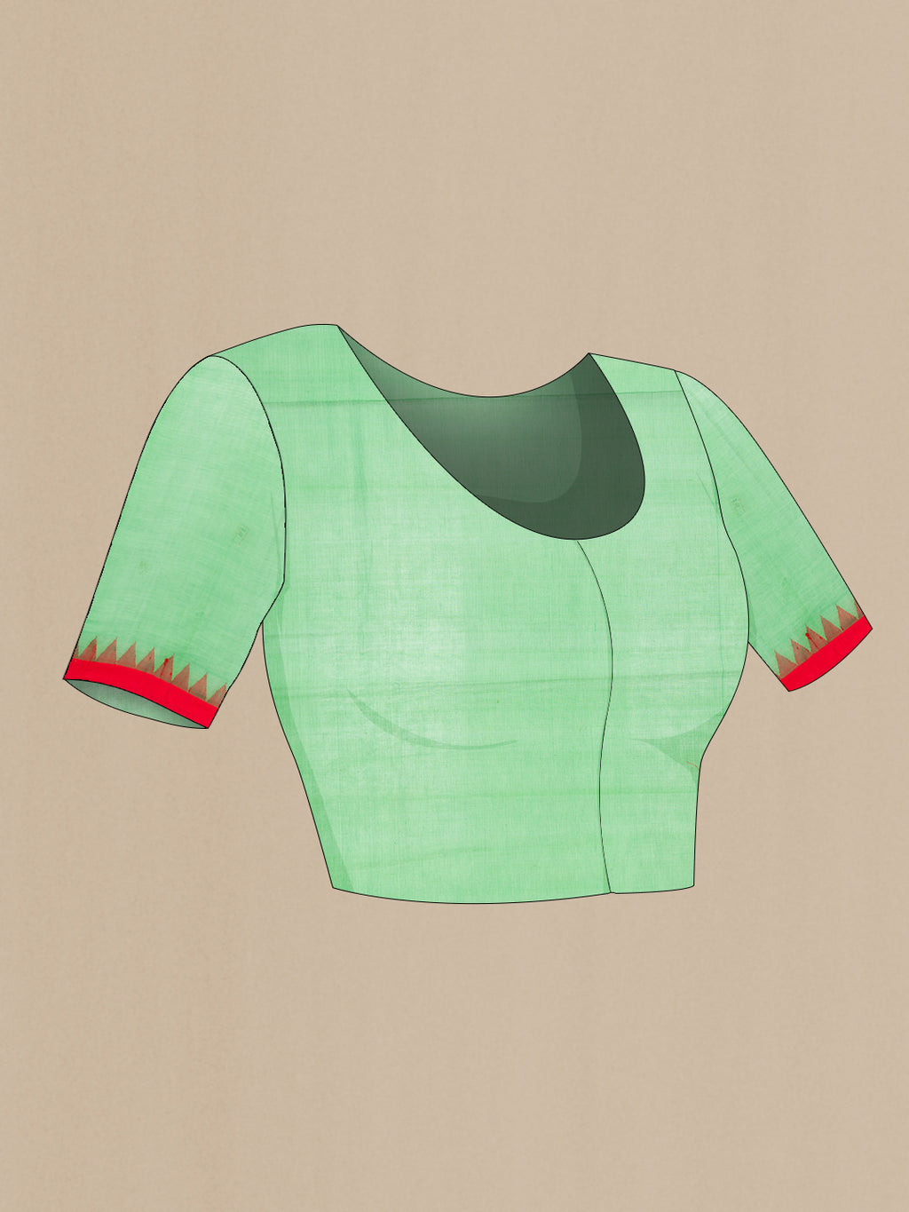 Close up image of the blouse of Green Uppada Cotton Saree with Plain Body and Temple Border. 