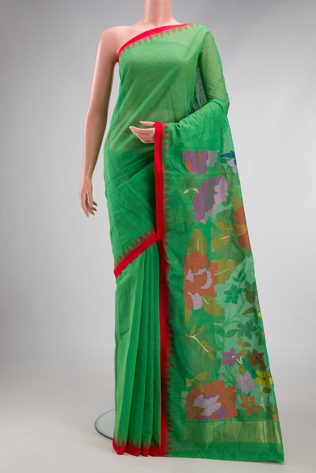 Green Uppada Cotton Saree with Plain Body and Temple Border.  displayed on a mannequin