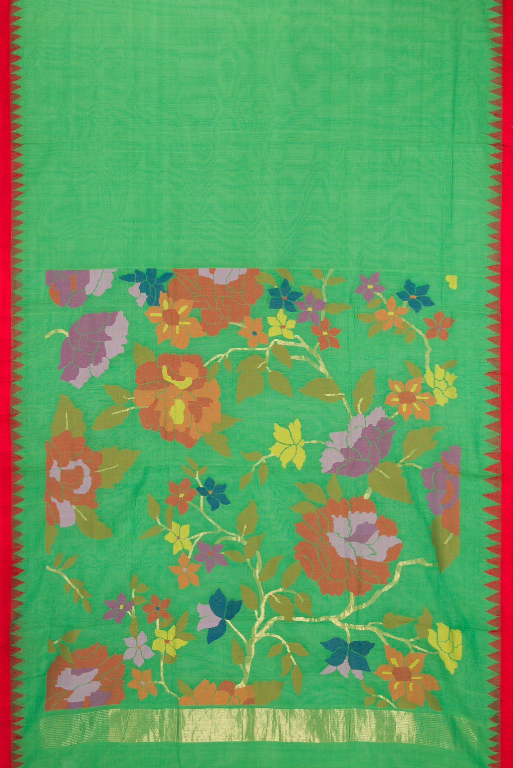 Flat view of Green Uppada Cotton Saree with Plain Body and Temple Border. 