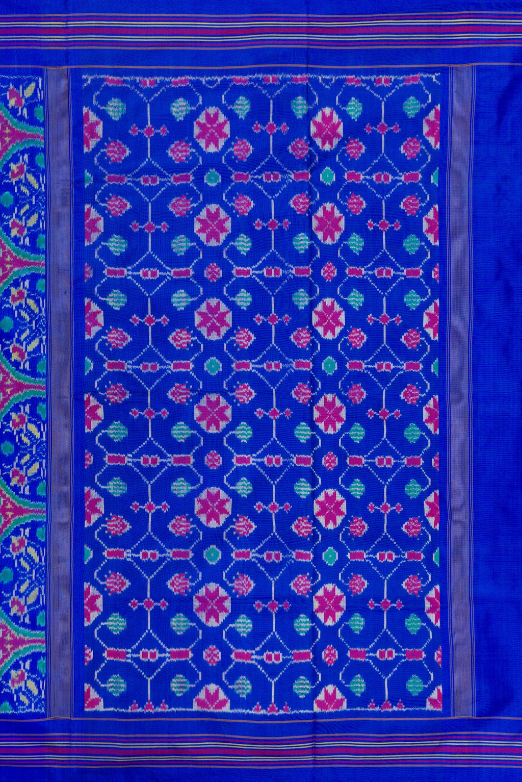 Close up image of the pallu of Royal Blue Double Ikat Saree with Pure Ikat on the body and Thread Border. 
