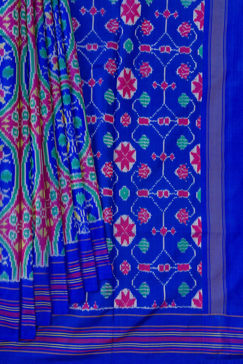 Pleats and pallu of Royal Blue Double Ikat Saree with Pure Ikat on the body and Thread Border. 