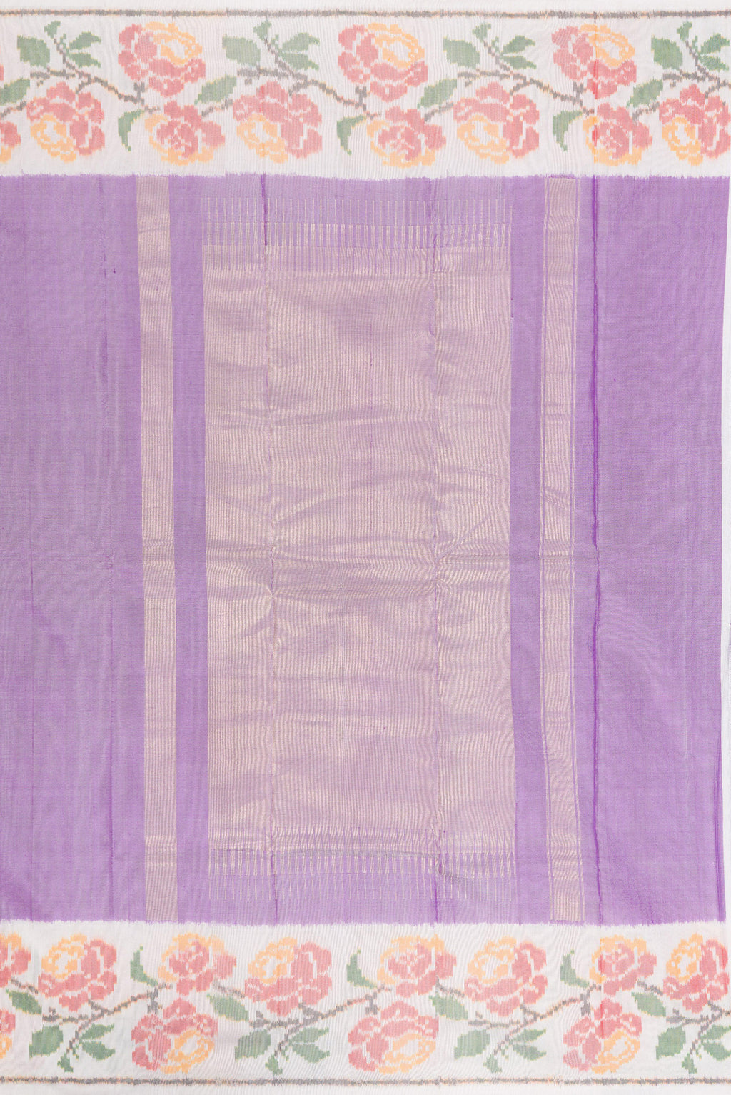 Close up image of the pallu of Pure Silk Lavender Double Ikat Saree with Plain Body and Ikat Border. 
