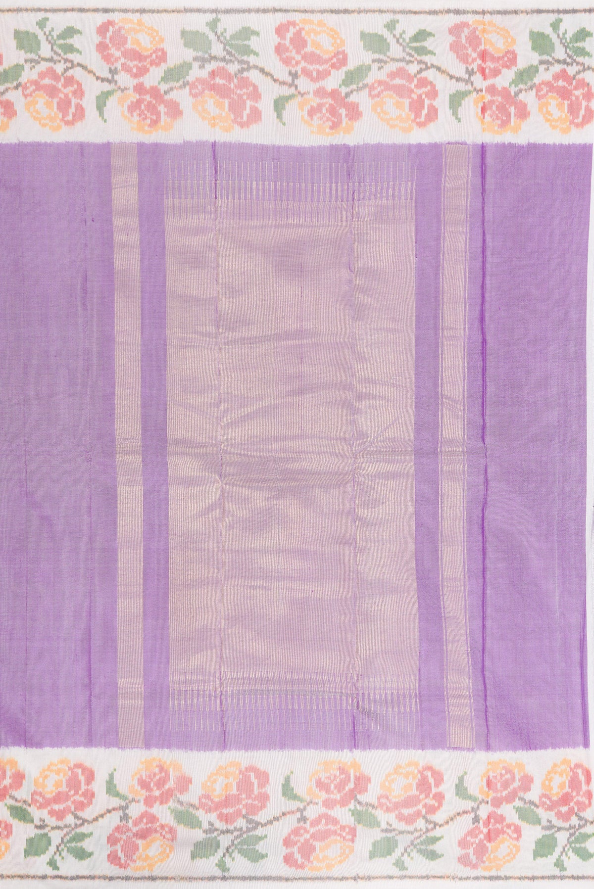 Close up image of the pallu of Pure Silk Lavender Double Ikat Saree with Plain Body and Ikat Border. 