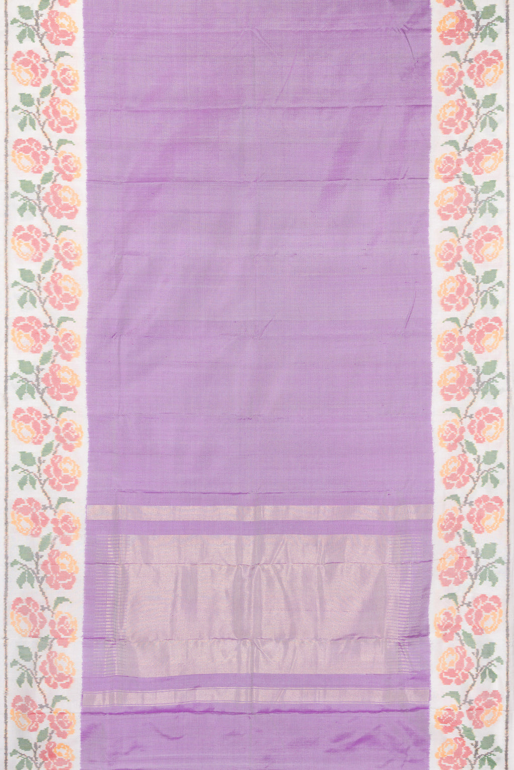 Flat view of Pure Silk Lavender Double Ikat Saree with Plain Body and Ikat Border. 