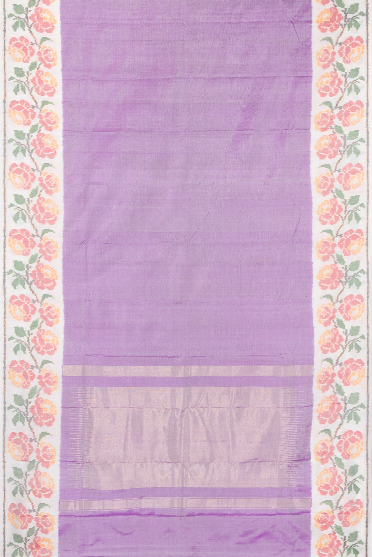 Flat view of Pure Silk Lavender Double Ikat Saree with Plain Body and Ikat Border. 