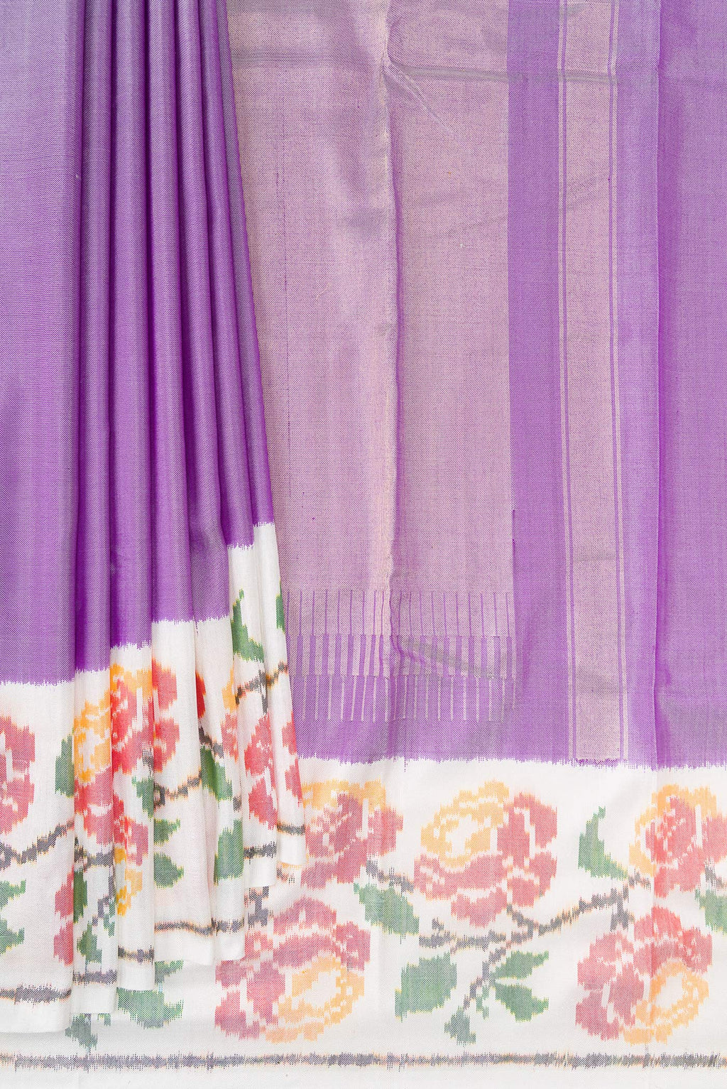 Pleats and pallu of Pure Silk Lavender Double Ikat Saree with Plain Body and Ikat Border. 