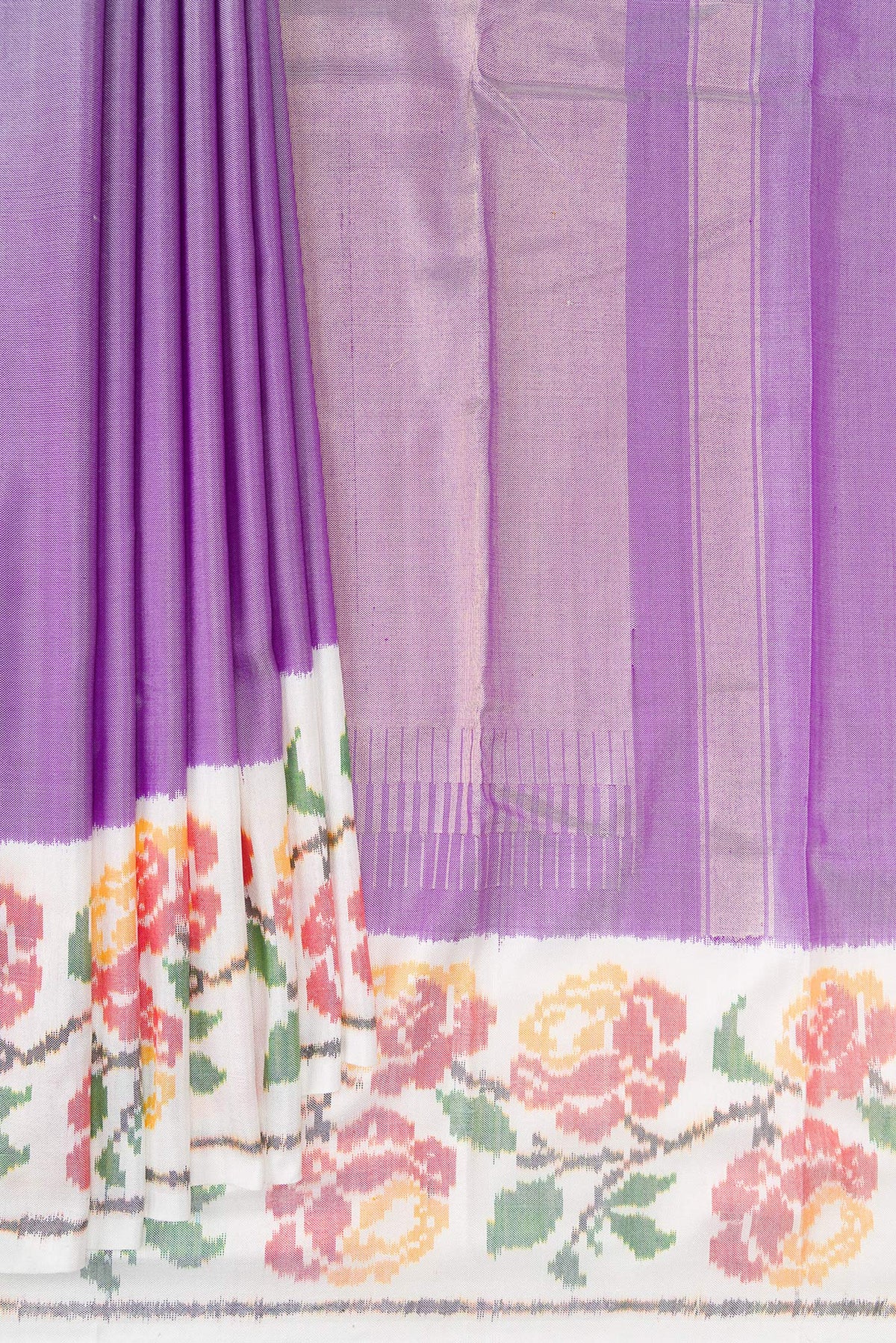 Pleats and pallu of Pure Silk Lavender Double Ikat Saree with Plain Body and Ikat Border. 