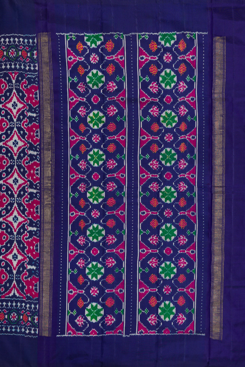 Close up image of the pallu of Navy Blue Double Ikat Saree with Pure Ikat on the body and Plain Border. 