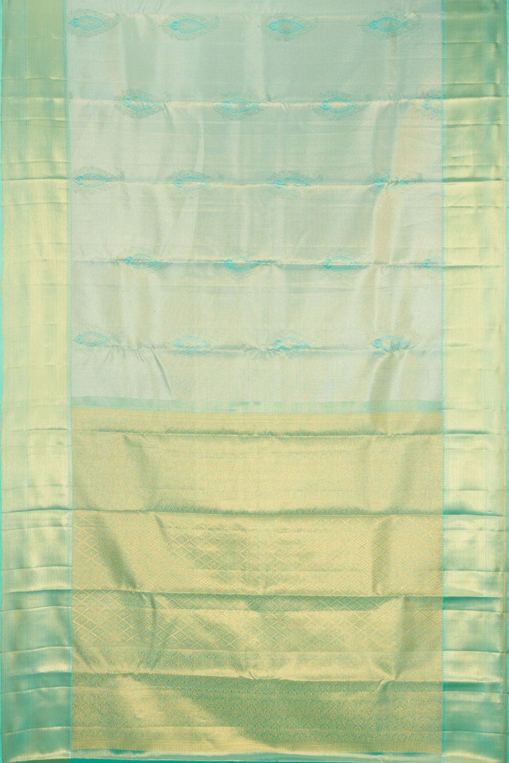 Flat view of Sea Green Dual Tone Kanchipuram Tissue Silk Saree with Zari Brocade on the body and Zari Border. 