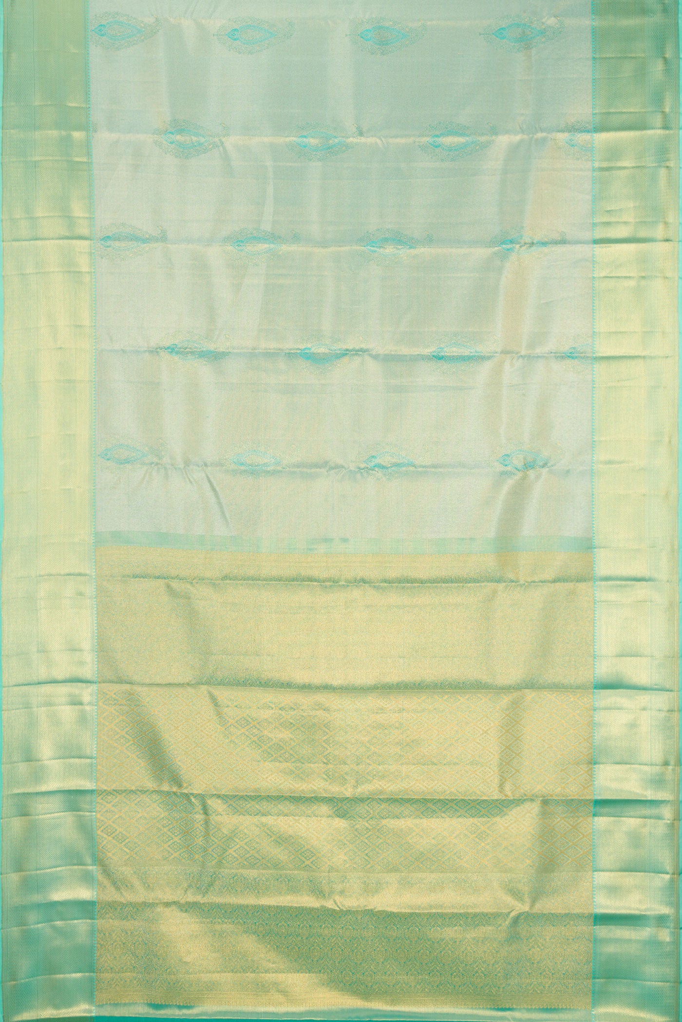 Flat view of Sea Green Dual Tone Kanchipuram Tissue Silk Saree with Zari Brocade on the body and Zari Border. 