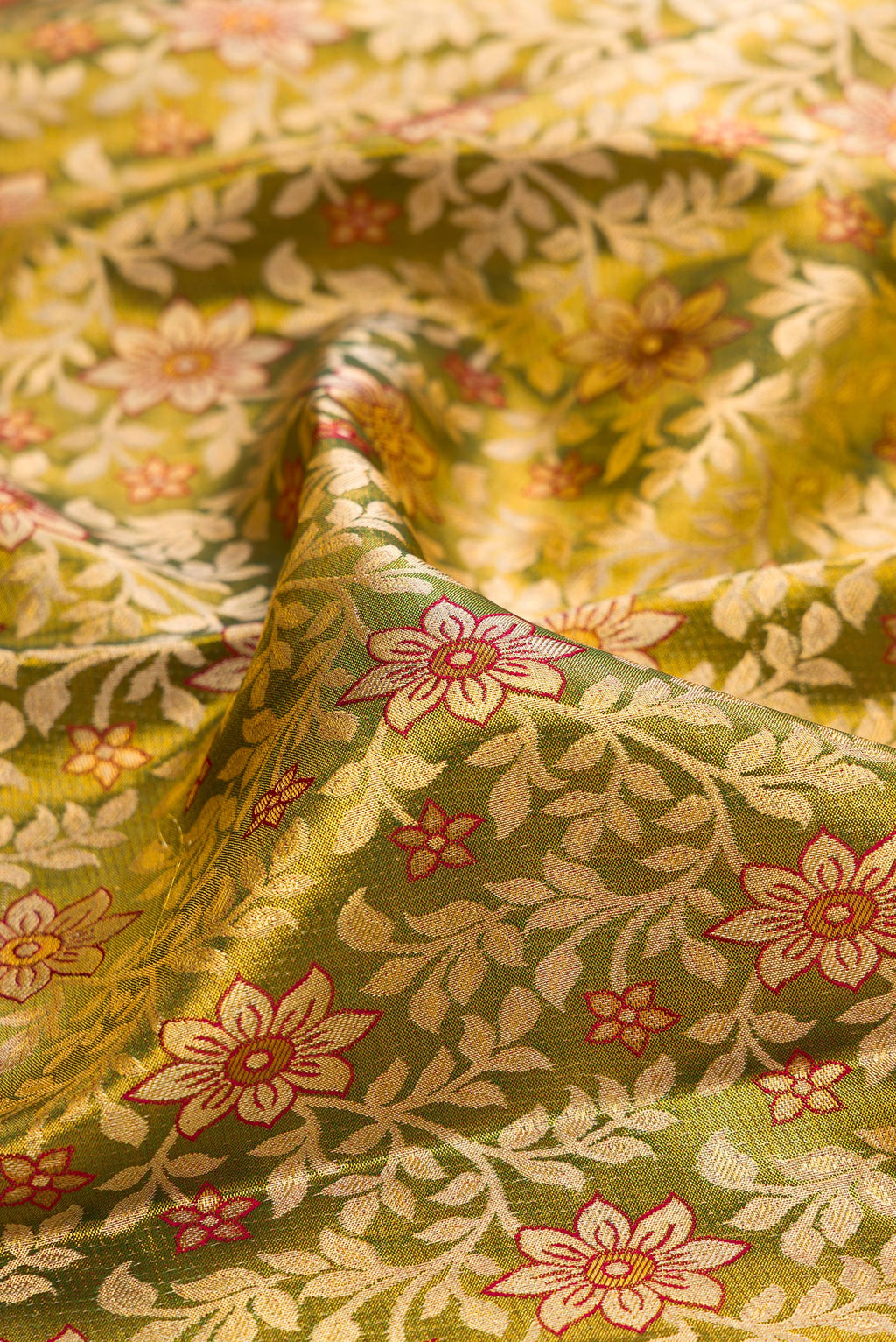 Close up of Green Dual Tone Kanchipuram Tissue Saree with Zari Brocade on the body and Fancy Border.  displaying folds