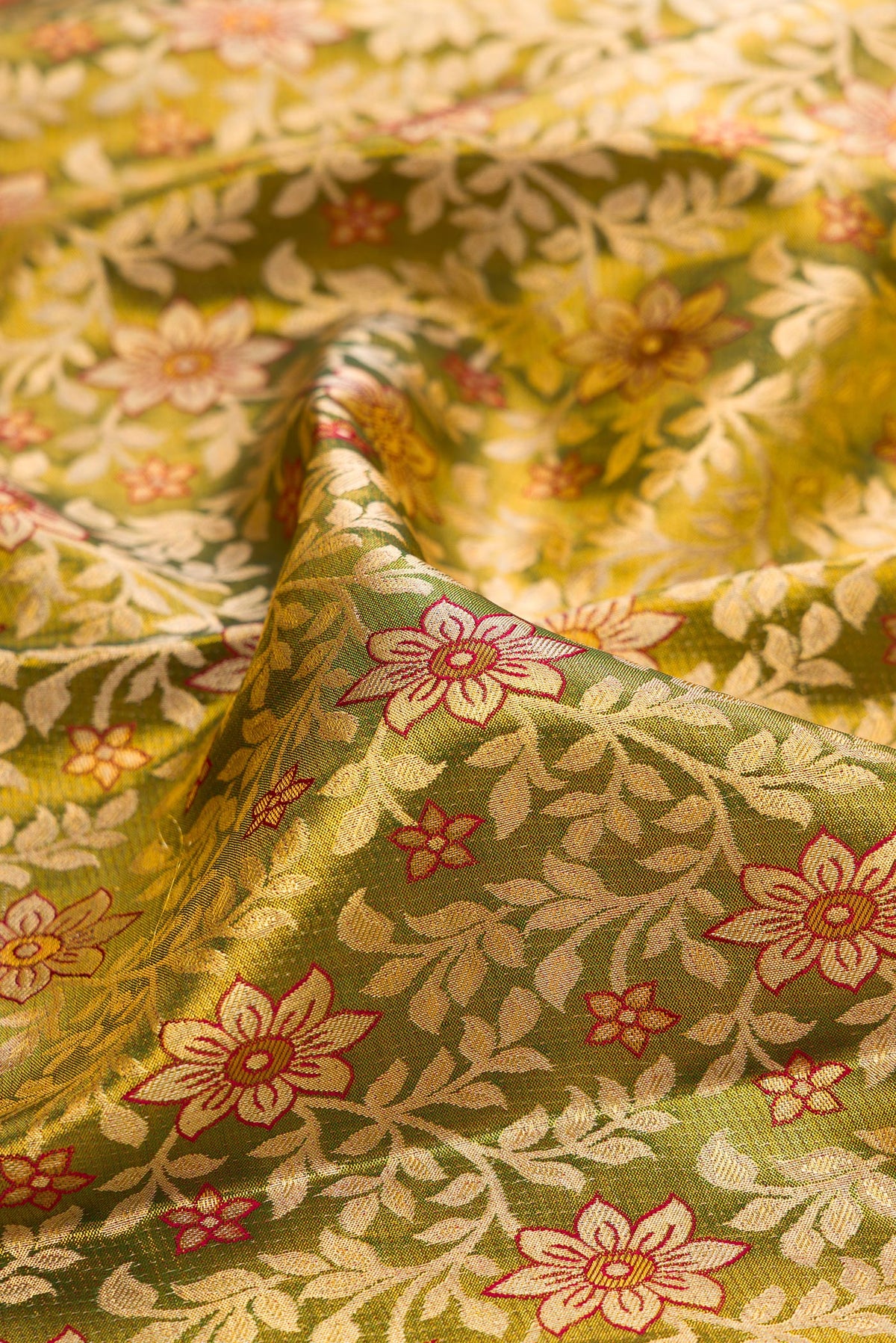 Close up of Green Dual Tone Kanchipuram Tissue Saree with Zari Brocade on the body and Fancy Border.  displaying folds