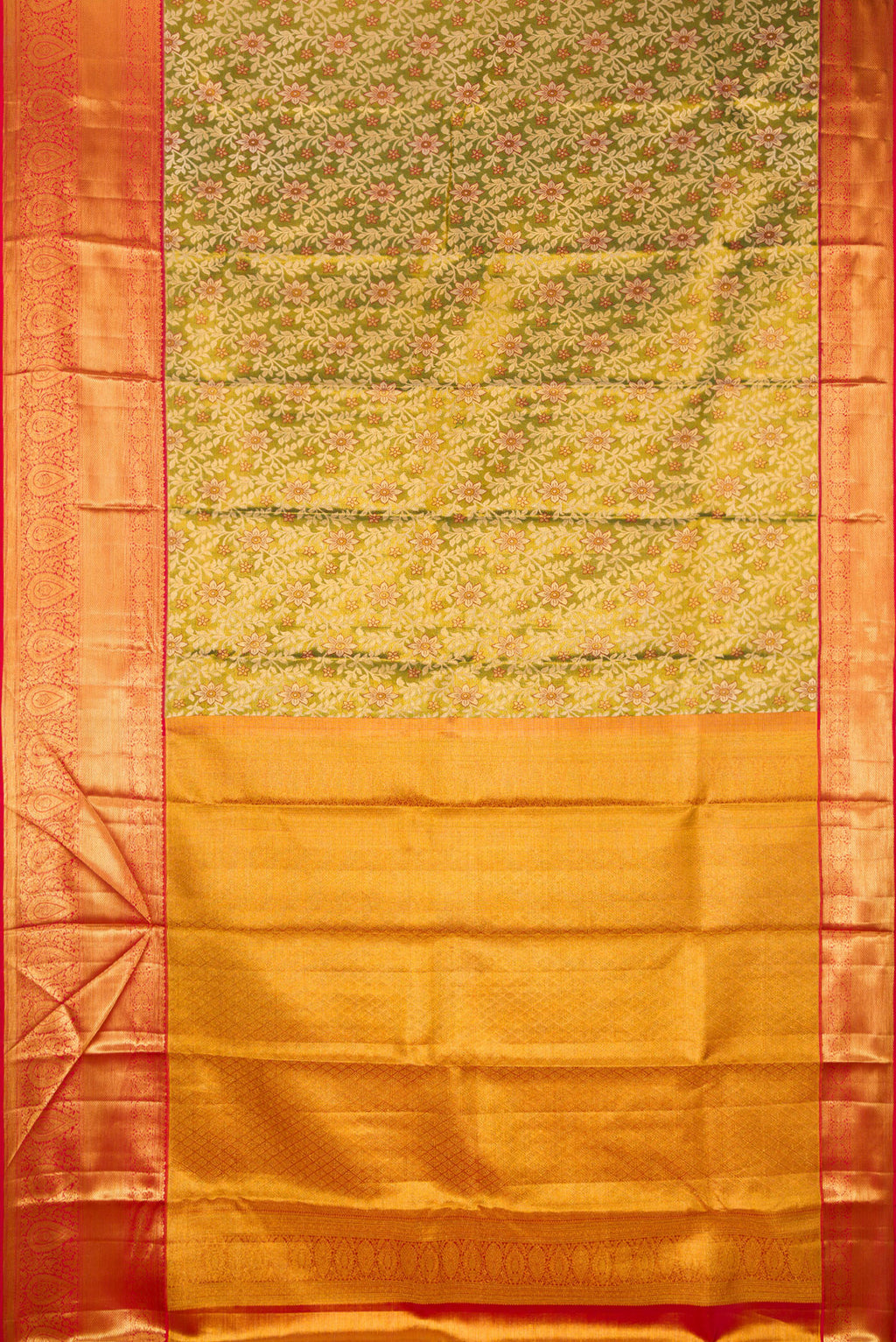 Flat view of Green Dual Tone Kanchipuram Tissue Saree with Zari Brocade on the body and Fancy Border. 