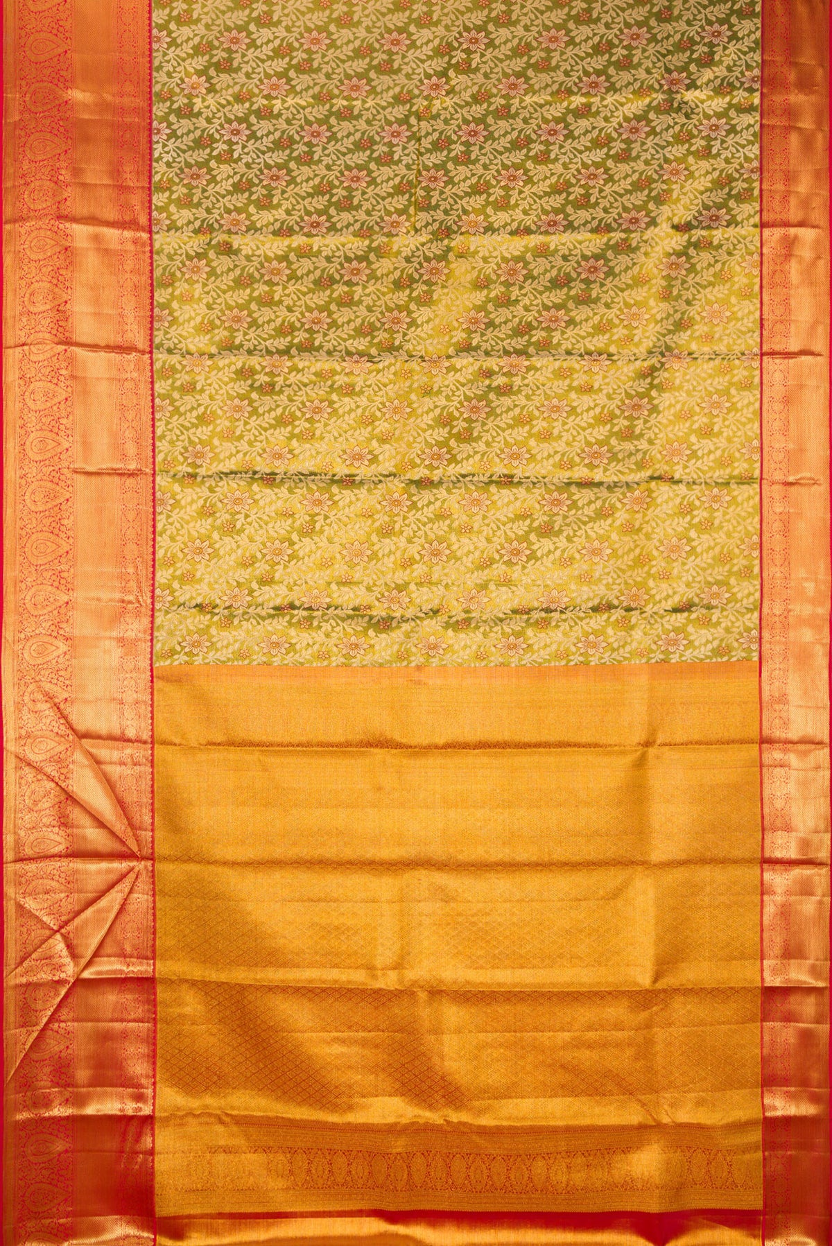 Flat view of Green Dual Tone Kanchipuram Tissue Saree with Zari Brocade on the body and Fancy Border. 