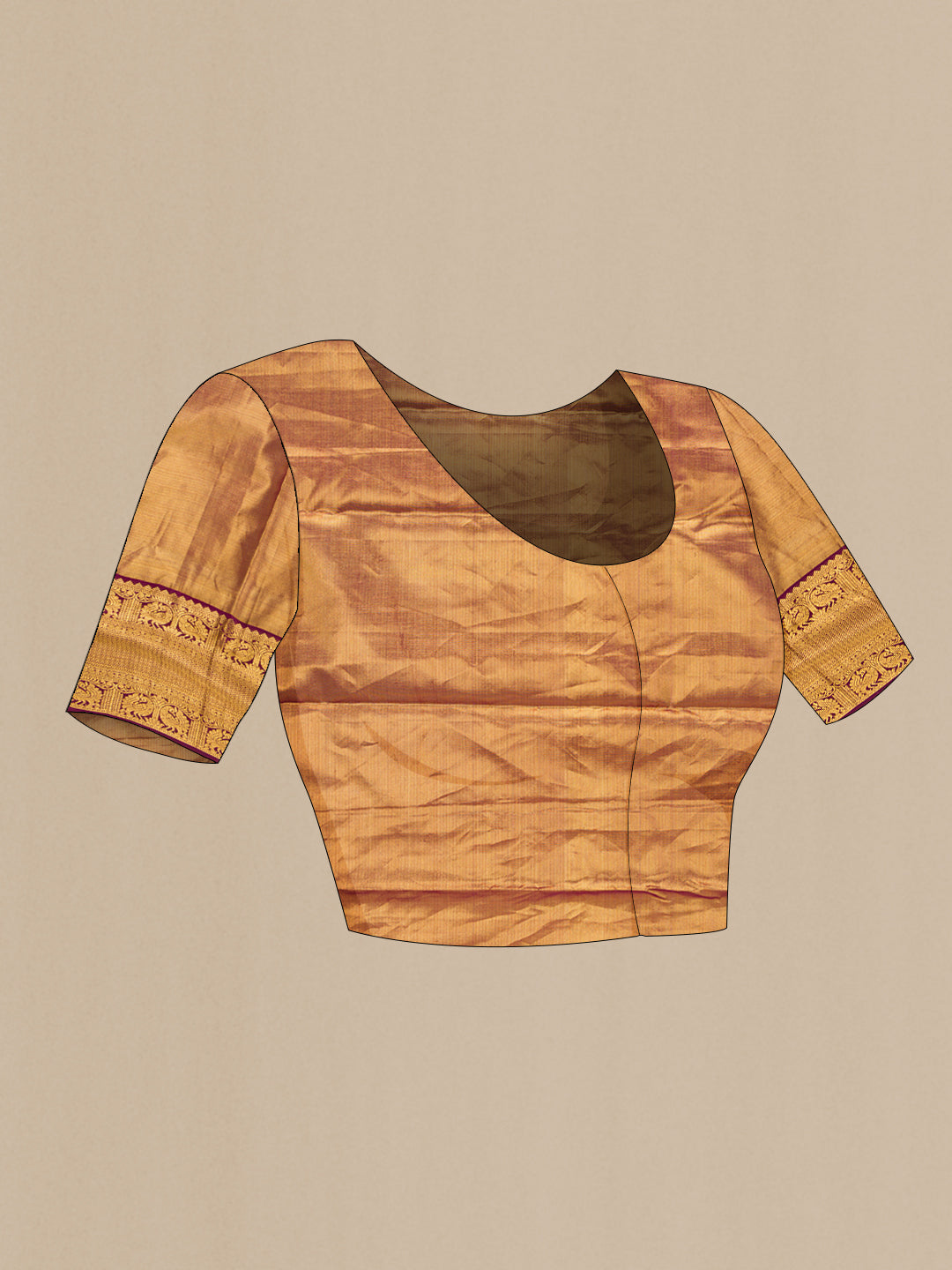 Close up image of the blouse of Gold Dual Tone Kanjivaram Tissue Saree with Zari Brocade on the body and Fancy Border. 