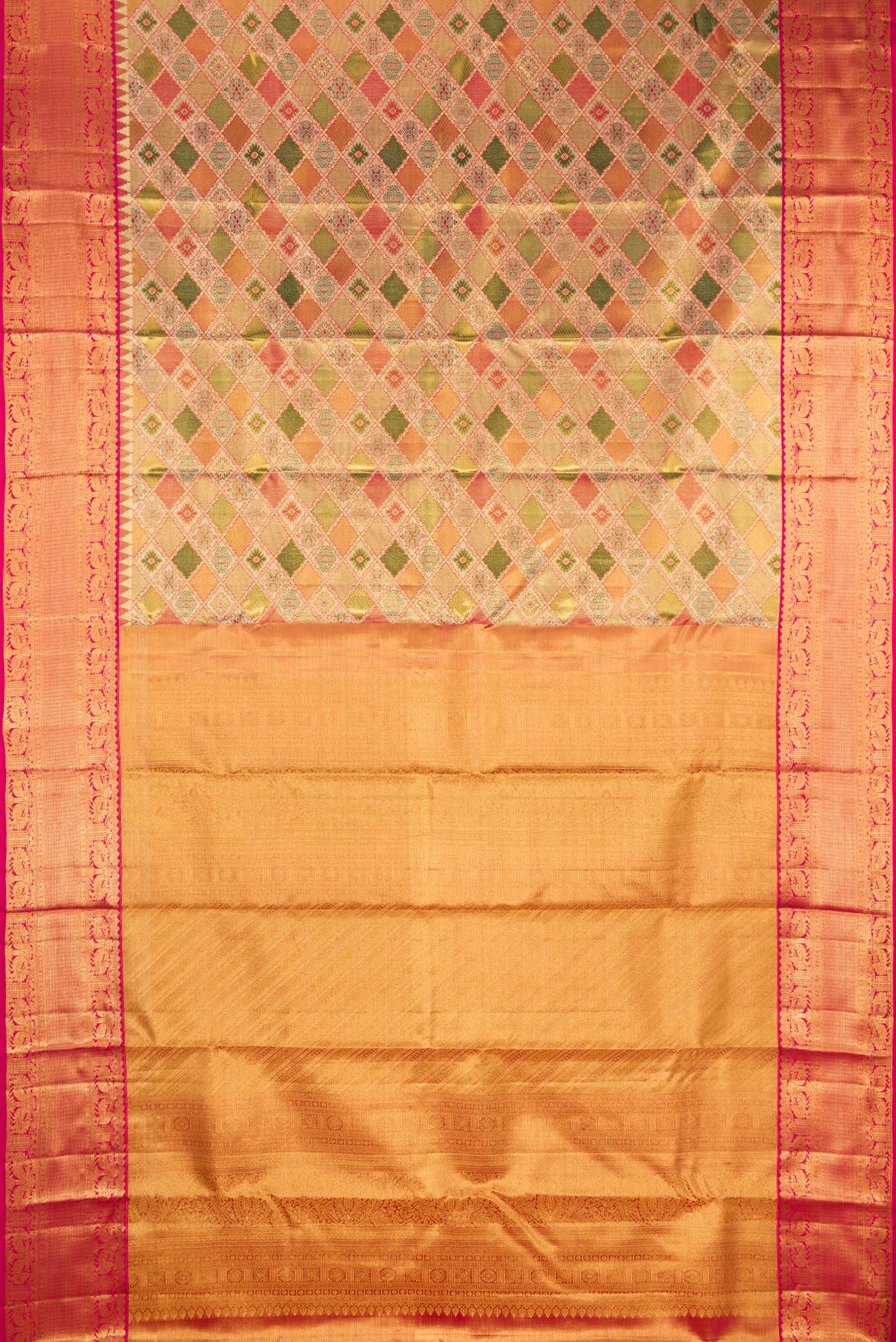 Flat view of Green and Pink Color Kanjivaram Tissue Silk Saree with Zari Brocade on the body and Fancy Border. 