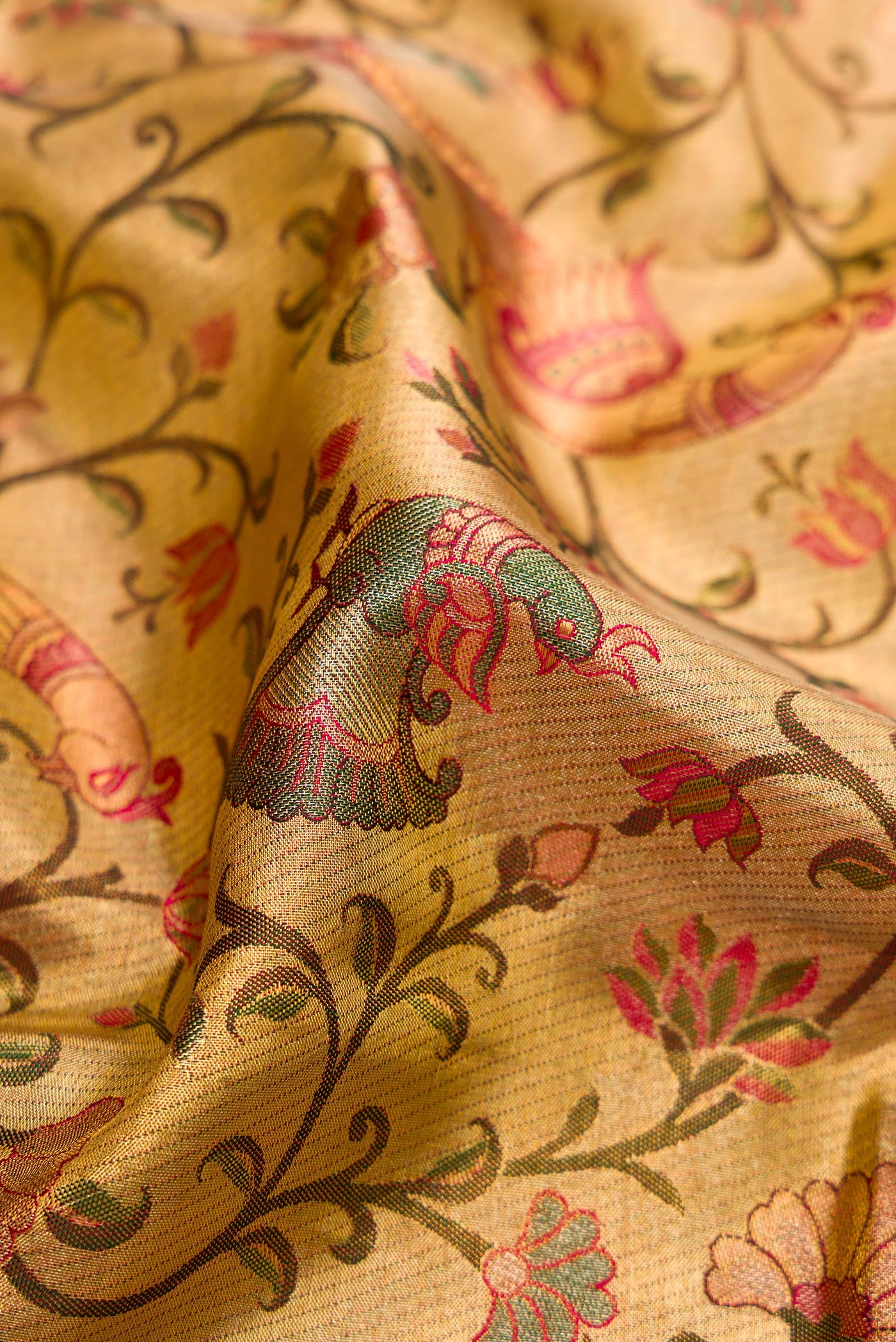 Close up of Gold Dual Tone Kanjivaram Tissue Silk Saree with Zari Brocade on the body and Fancy Border.  displaying folds