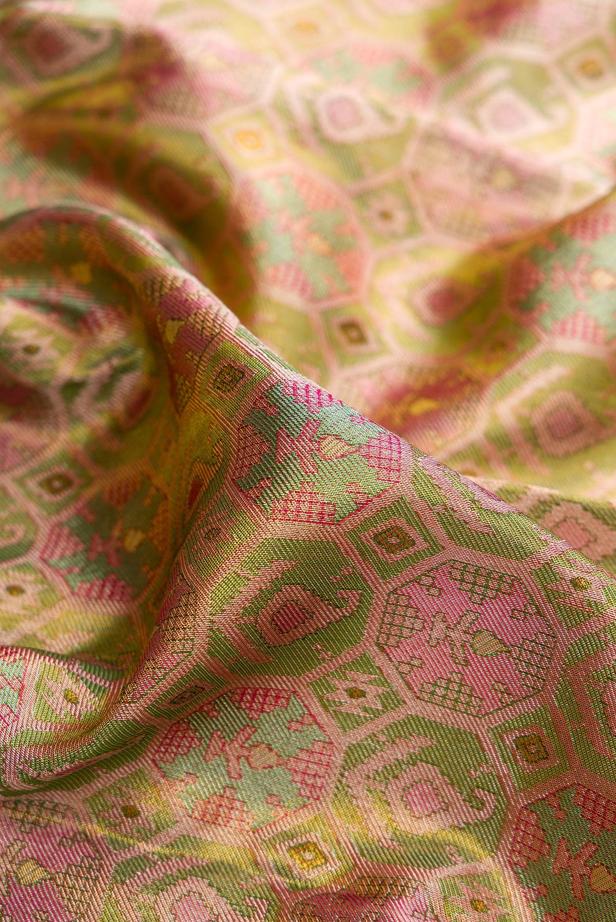 Close up of Green Dual Tone Kanjivaram Tissue Saree with Zari Brocade on the body and Fancy Border.  displaying folds