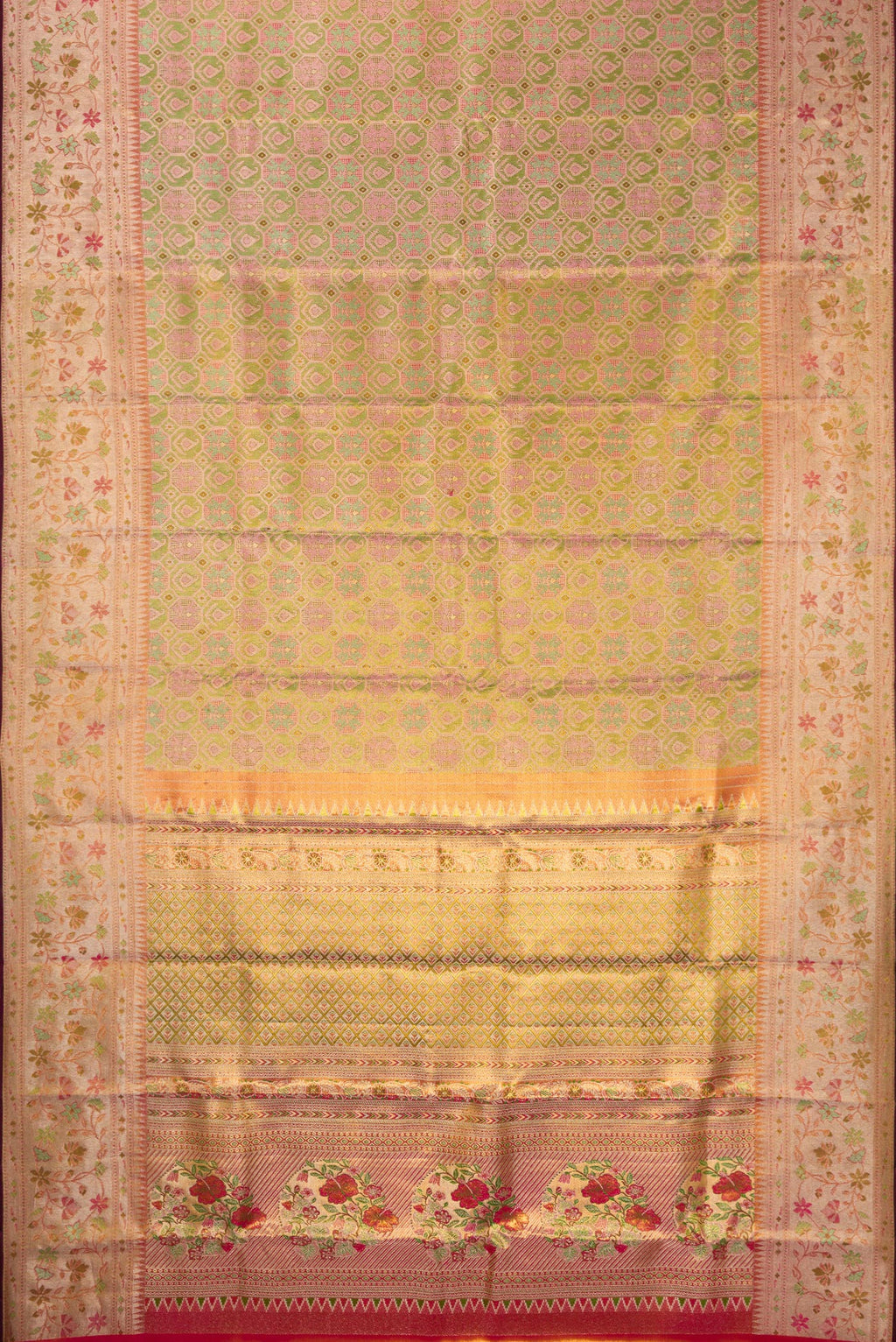 Flat view of Green Dual Tone Kanjivaram Tissue Saree with Zari Brocade on the body and Fancy Border. 
