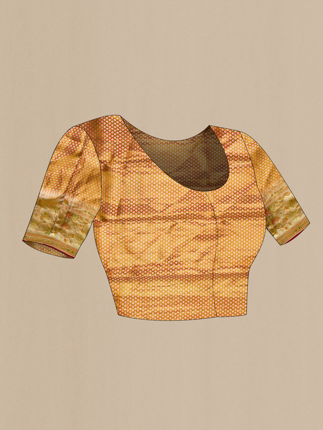 Close up image of the blouse of Gold Dual Tone Kanjivaram Tissue Saree with Zari Brocade on the body and Fancy Border. 