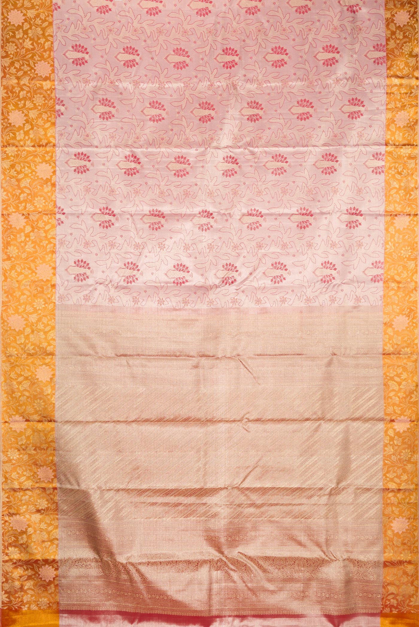 Flat view of Rose Gold Dual Tone Kanjivaram Tissue Silk Saree with Zari Brocade on the body and Fancy Border. 
